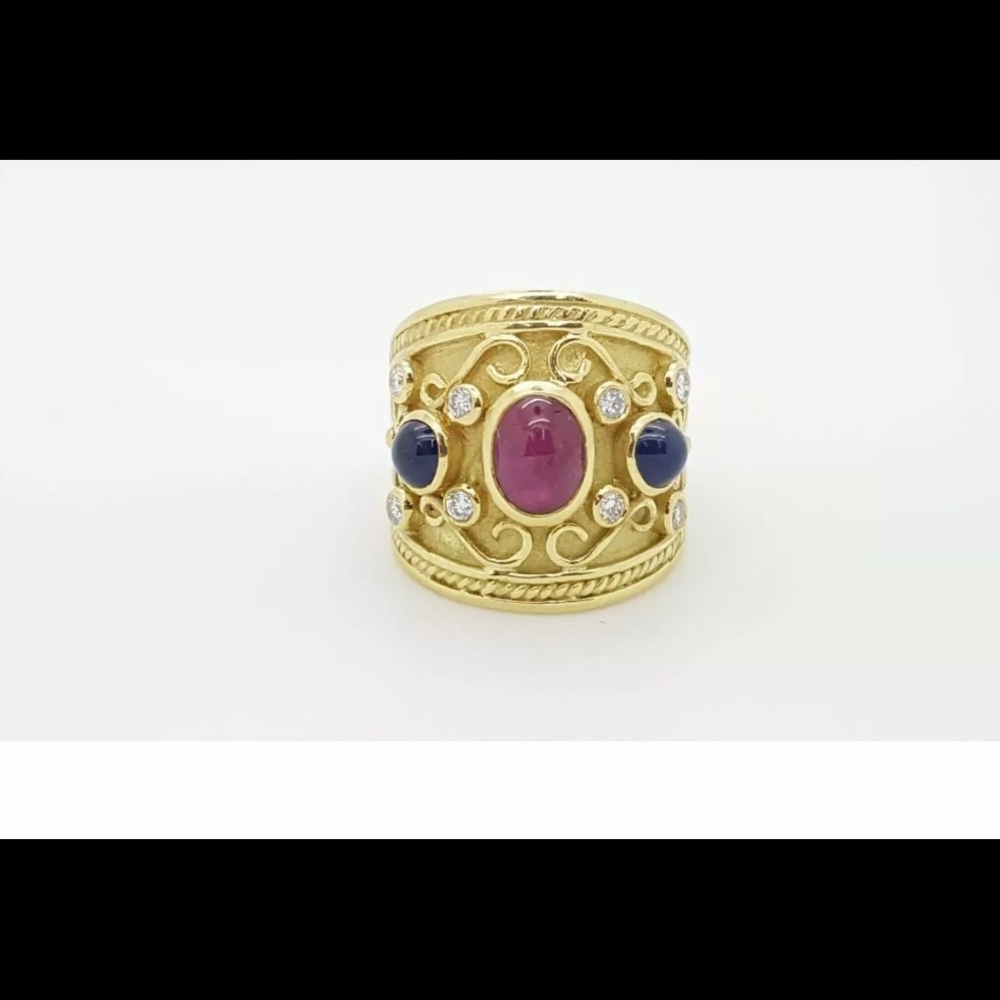 Estate Etruscan 18k 750 Yellow Gold Diamond Ruby and Sapphire Ring